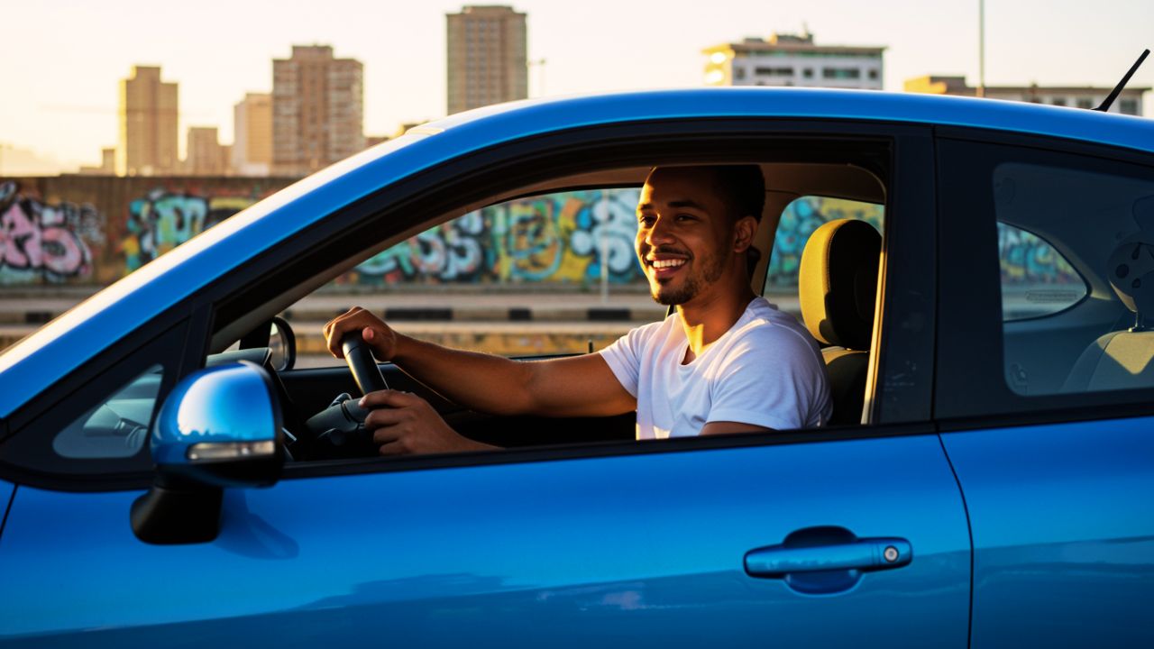 A smiling young man with a beard and short hair drives a vibrant blue car, looking happily out the window with urban buildings and graffiti in the background at sunset.