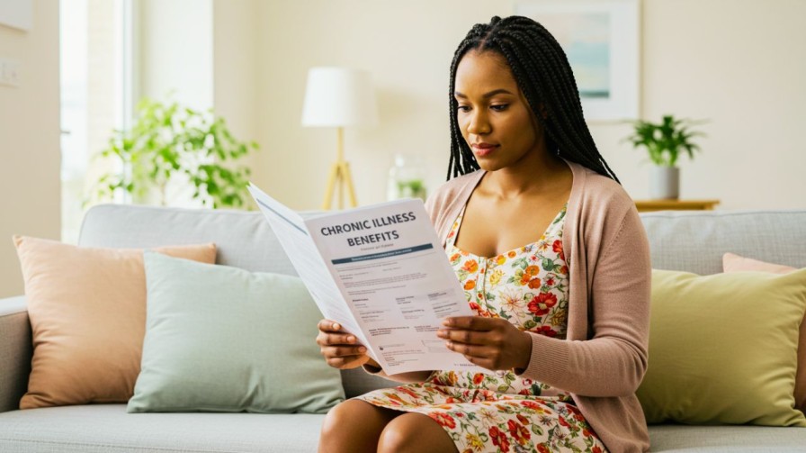 A focused young African woman sitting on a sofa, carefully reading a document titled "CHRONIC ILLNESS BENEFITS," understanding her medical aid coverage.