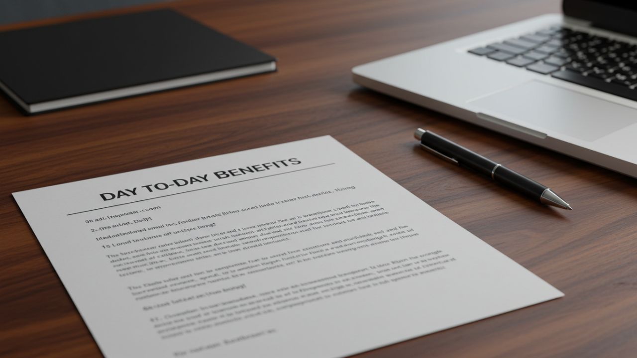 A document titled "DAY-TO-DAY BENEFITS" on a wooden desk, with a pen, laptop, and notebook nearby, symbolizing routine medical aid coverage details.