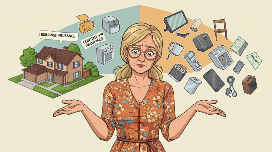 A confused woman weighing "Buildings Insurance" (house on left) against "Contents Insurance" (various household items on right), illustrating the decision to get both types of home insurance.