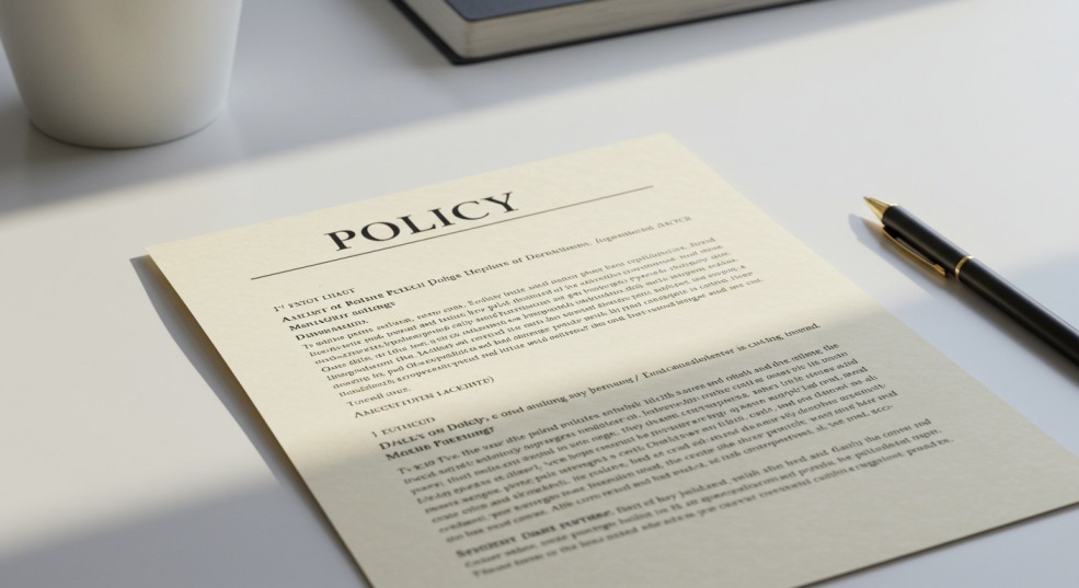 A close-up view of a document titled "POLICY" with text, placed on a light surface next to a black and gold pen and a white mug.