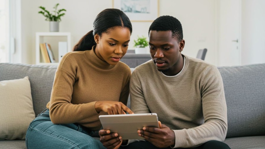 A focused young couple, an African man and woman, reviewing information about hospital cover on a digital tablet while seated on a sofa at home