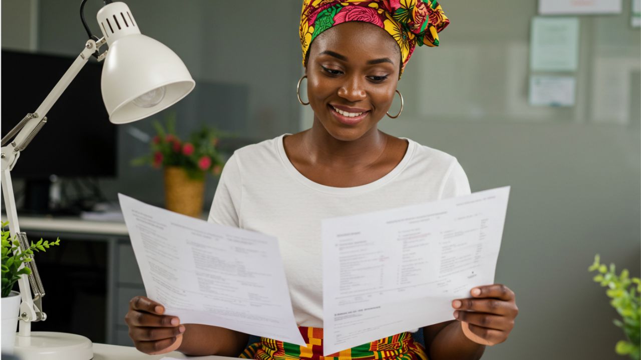 A smiling African woman wearing a vibrant headwrap, comparing two different insurance documents, symbolizing the process of evaluating competitors.