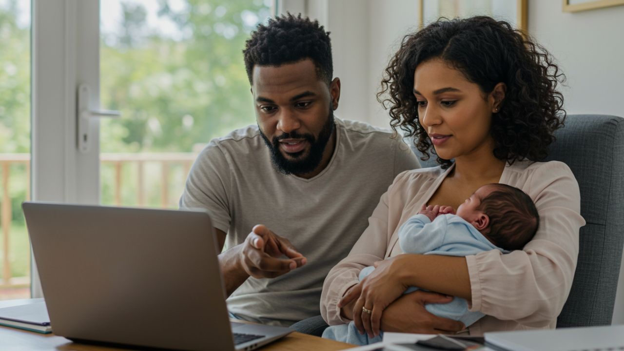A young African couple with a newborn baby, attentively comparing medical aid schemes on a laptop, highlighting family healthcare choices.