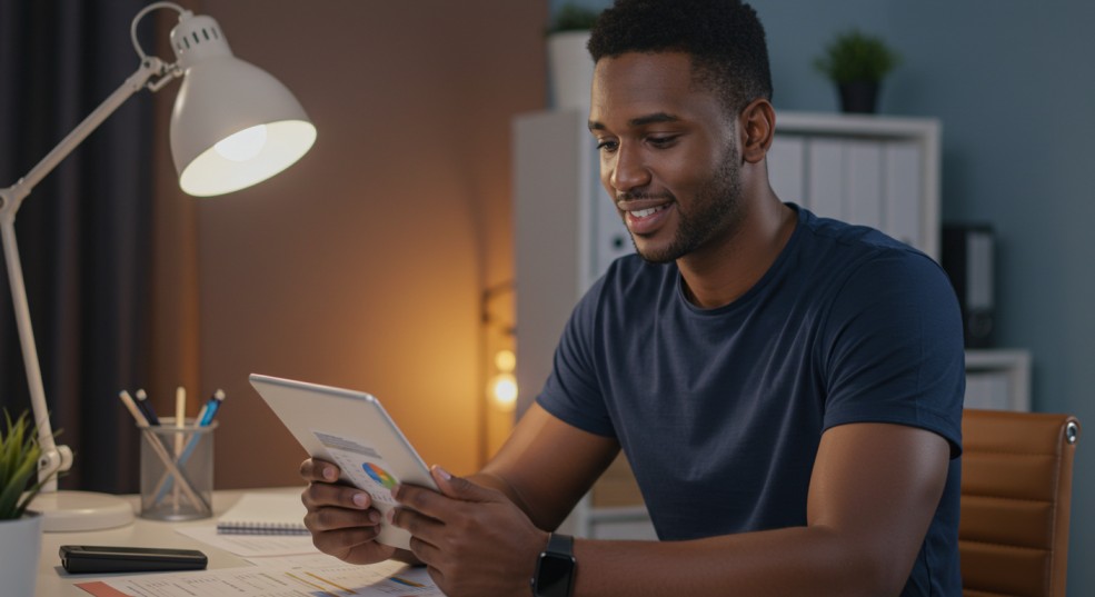 A smiling young man with dark skin and a short beard sits at a desk in a dimly lit room, looking at a tablet displaying a colorful graph under the warm glow of a desk lamp.