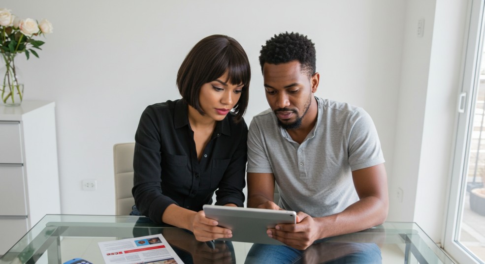 A man and a woman, both appearing to be in their late 20s to early 30s, intently looking at a tablet together at a glass table in a modern, bright room.