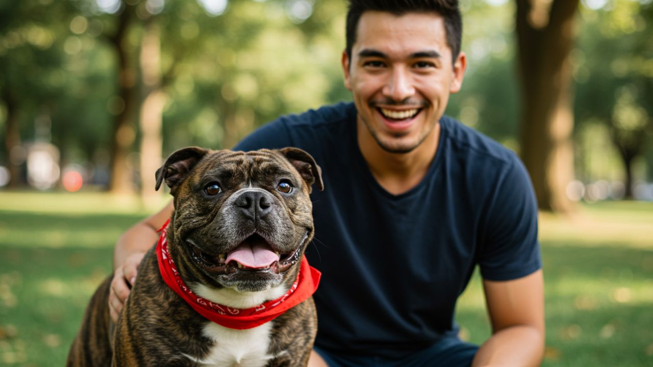 A smiling man with his happy brindle bulldog wearing a red bandana in a grassy park, illustrating how breed can affect pet insurance costs.