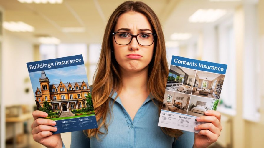 A young woman with a confused expression holding two insurance brochures: one for "Buildings/Insurance" (featuring a large, classic building) and another for "Contents Insurance" (featuring interior room images).