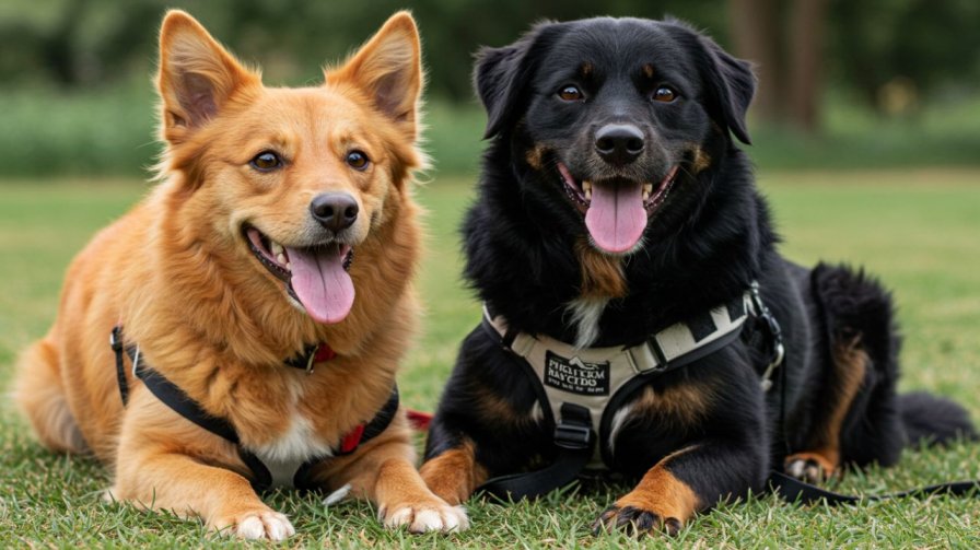 Two happy dogs, one golden brown and one black and tan, lying side-by-side on green grass, both smiling with tongues out.