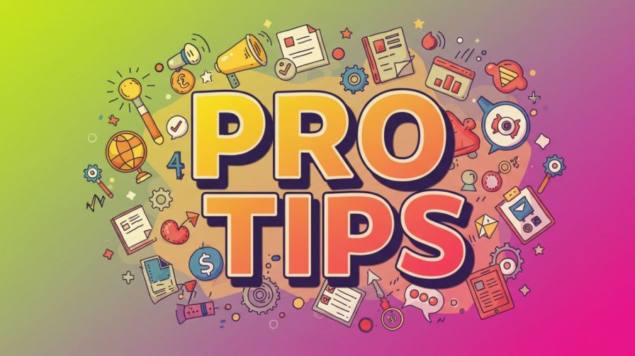 A colorful, vibrant illustration with "PRO TIPS" in large yellow and orange letters at the center, surrounded by various hand-drawn icons related to business, finance, communication, and information.