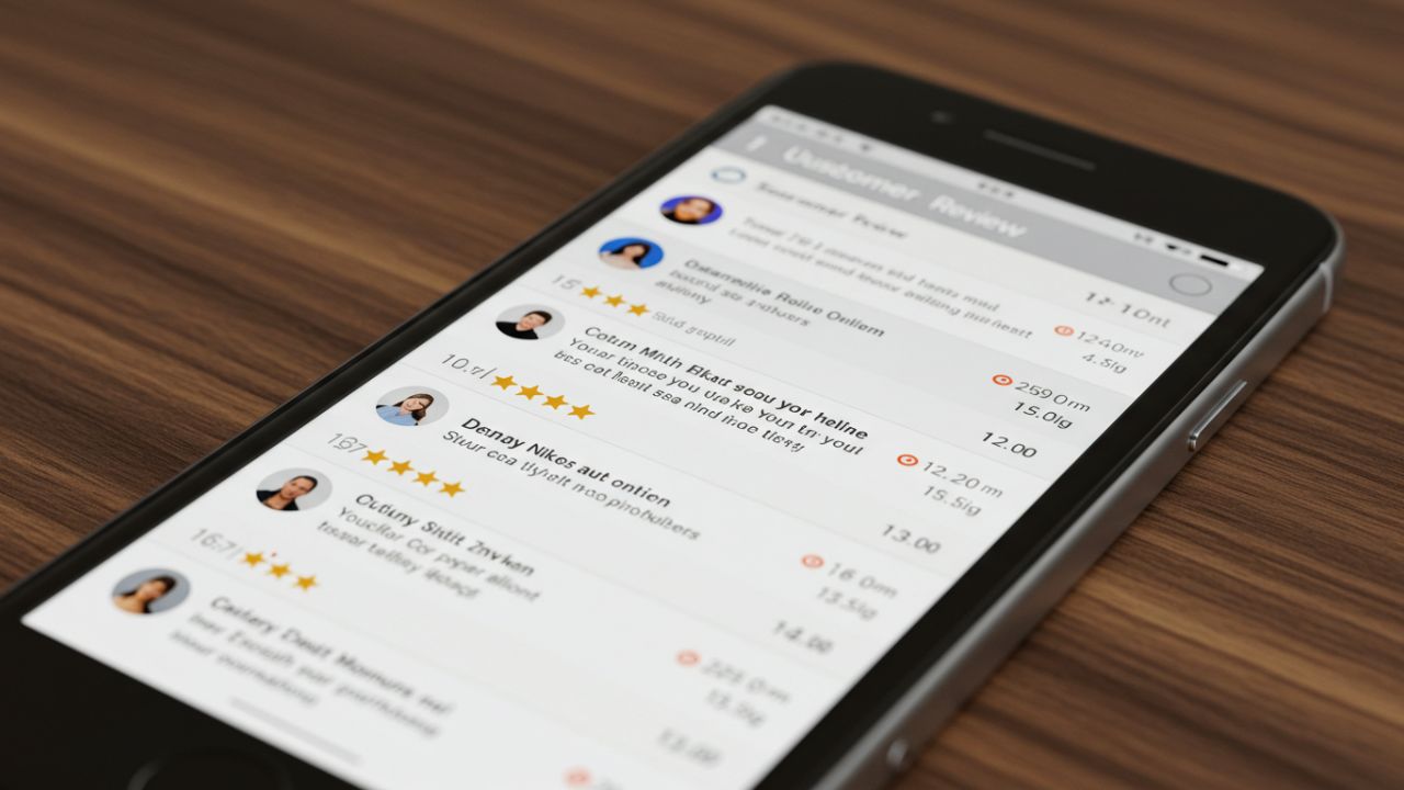 A smartphone screen displaying "Customer Review" with star ratings and comments, representing real customer experiences and feedback.