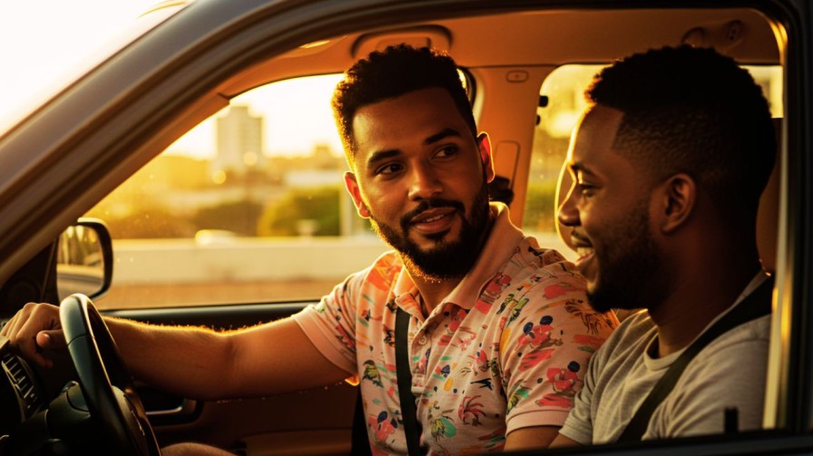Two smiling men are inside a car during sunset, with the driver looking towards the passenger as they talk, bathed in warm golden light.