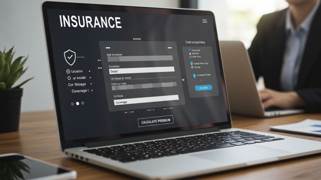 A laptop screen displays an "INSURANCE" application interface with fields for "Location," "Car Model," "Car Storage," and "Coverage." A "CALCULATE PREMIUM" button is visible, with a person in a suit blurred in the background working on another laptop.