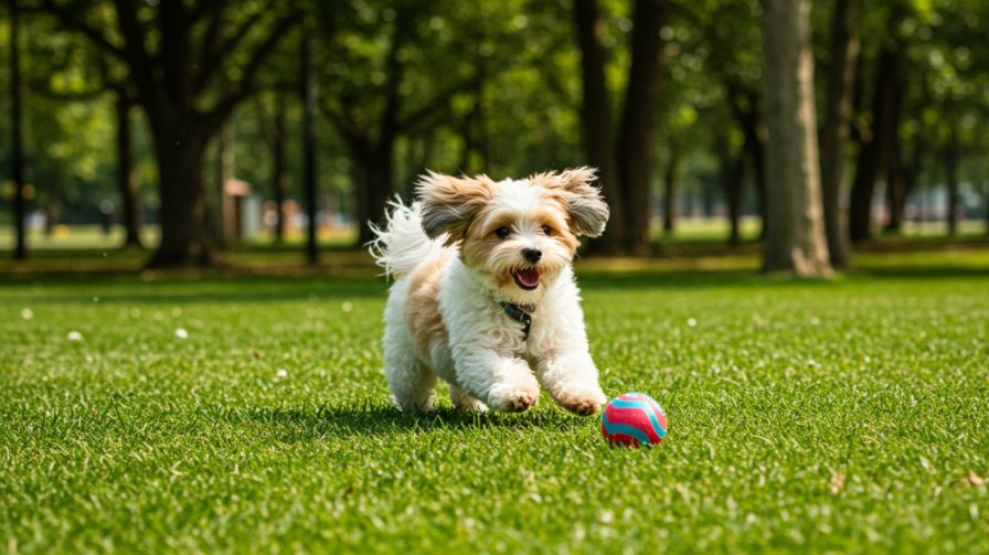 A small, fluffy puppy with brown and white fur enthusiastically running after a colorful ball in a grassy park.