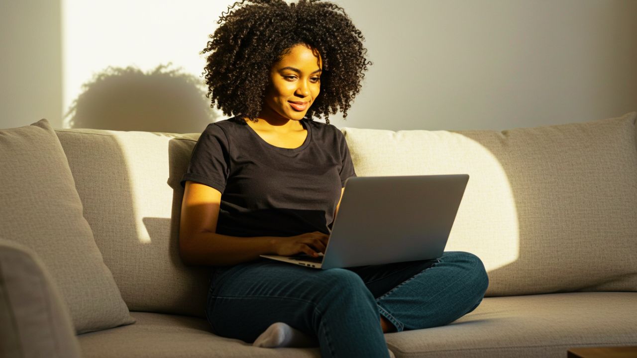 Smiling young South African woman with curly hair sitting on a sofa, bathed in sunlight, using a laptop to research and compare funeral insurance options online.