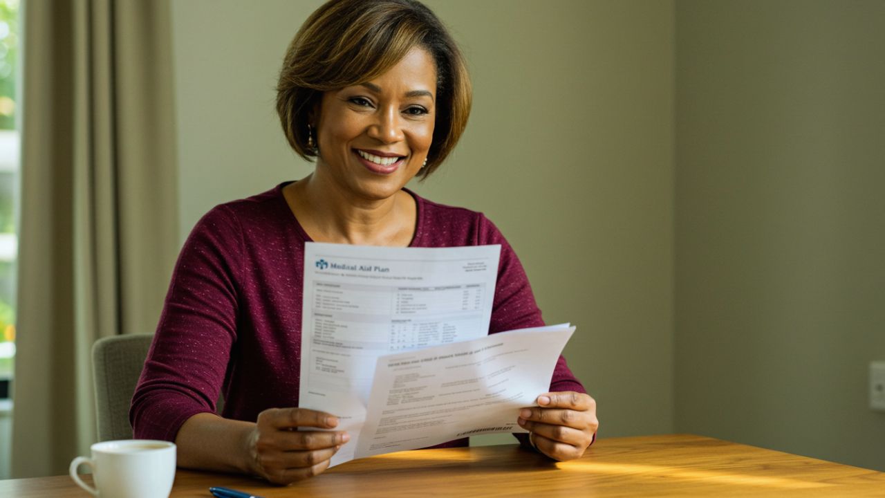 A smiling woman confidently reviewing a "Medical Aid Plan" document at a table, indicating understanding and satisfaction with her healthcare coverage.