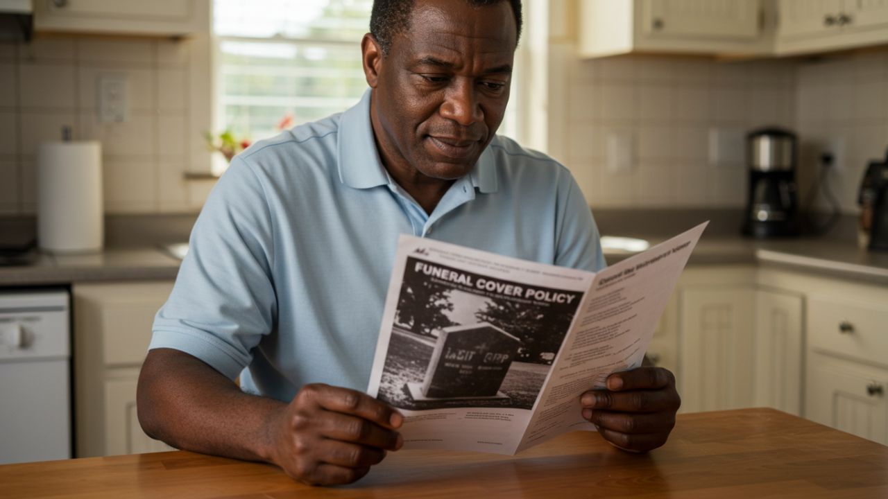 A mature African man intently reading a "FUNERAL COVER POLICY" document at his kitchen table, understanding what Hollard funeral insurance actually covers.