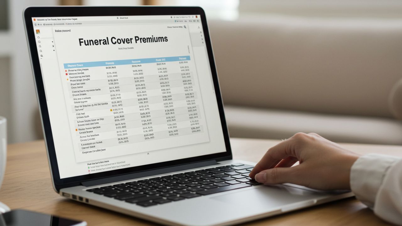 A person's hand typing on a laptop displaying a spreadsheet titled "Funeral Cover Premiums," illustrating the comparison of costs and benefits.