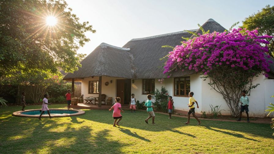  Children playing in the sunny garden of a beautiful thatched-roof house with purple bougainvillea, illustrating a home protected by buildings insurance.
