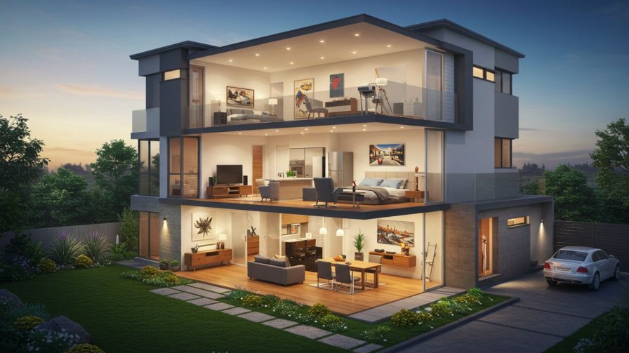 A cross-section view of a modern multi-story house revealing detailed interior rooms filled with furniture, appliances, and personal items, illustrating contents insurance.