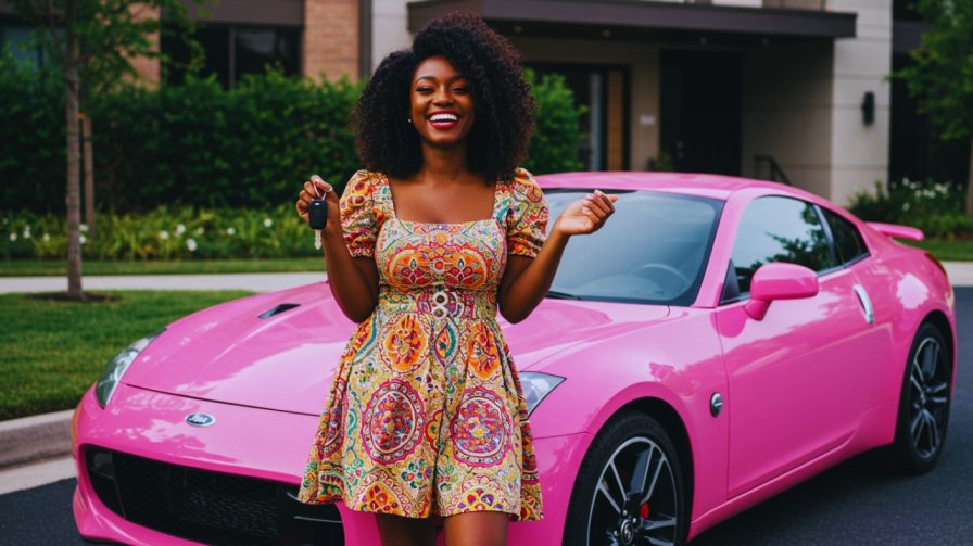 A joyful Black woman with curly hair in a colourful patterned dress holding car keys and smiling broadly while standing next to a bright pink sports car.