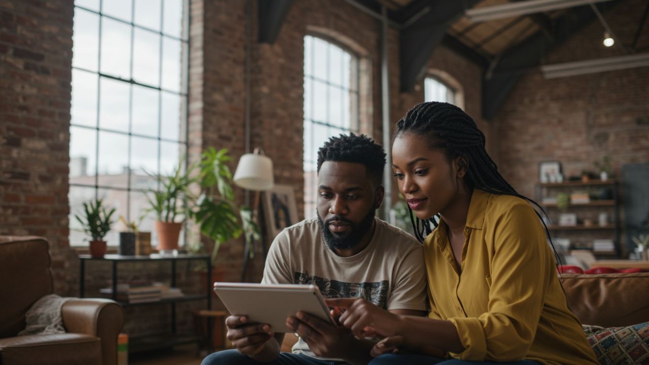A young Black couple sits together in a stylish, industrial-loft living room, both looking at and interacting with a tablet.