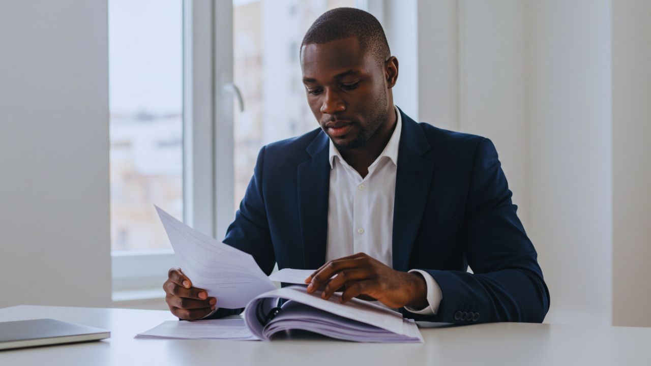 A professional Black man in a dark suit and white shirt sits at a desk, intently reading policy documents from an open binder.