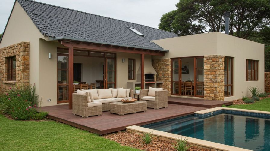 A modern South African house with a wooden deck, a swimming pool, stylish outdoor furniture, and a built-in braai area. The house features a mix of stone and stucco cladding.