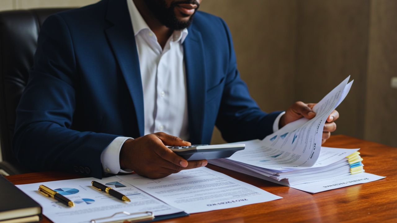 A man in a blue suit uses a calculator while reviewing financial documents, with a stack of papers and pens on the desk.