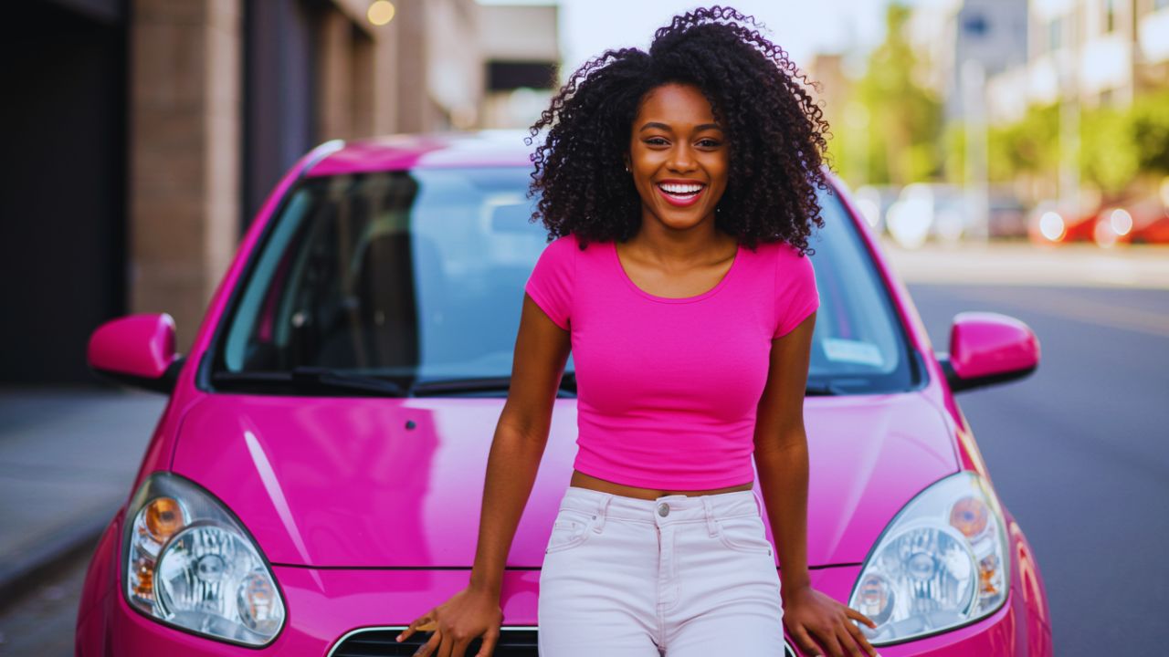 A smiling young Black woman with curly hair wearing a pink top and light-colored pants, leaning on the hood of a bright pink car on a city street.