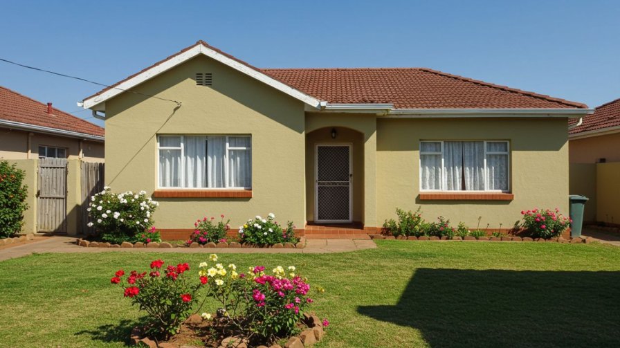 A well-maintained single-story house with a tiled roof, a neat lawn, and flower beds. The home features a security gate on the front door and burglar bars on the windows.