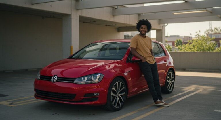 A smiling young man with an afro, wearing a yellow t-shirt and dark pants, leans casually against the front fender of a shiny red Volkswagen Golf in a parking garage.