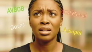 Confused young South African woman looking up with funeral insurance provider names (AVBOB, Old Mutual, Doves, Assupol) floating around her head, representing the challenge of choosing the best funeral cover.