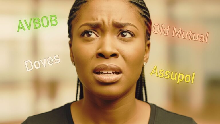 Confused young South African woman looking up with funeral insurance provider names (AVBOB, Old Mutual, Doves, Assupol) floating around her head, representing the challenge of choosing the best funeral cover.