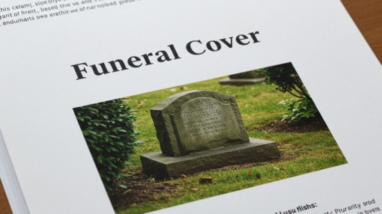 A document displaying "Funeral Cover" and an image of a weathered tombstone in a graveyard, symbolizing end-of-life planning.