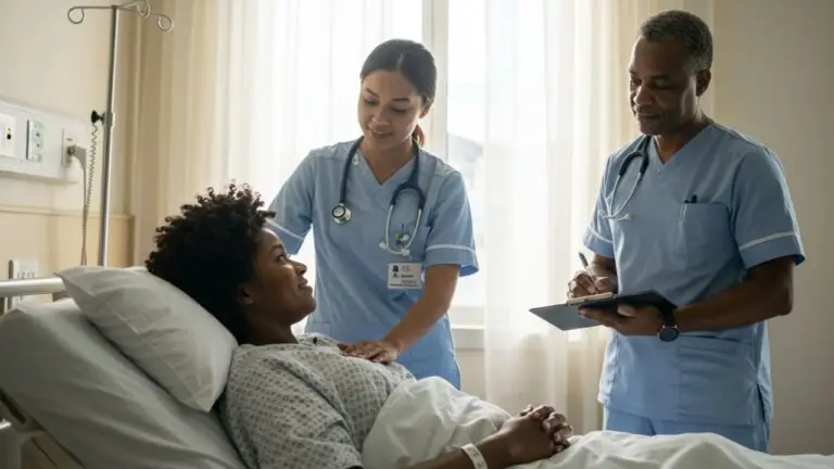 A female patient with curly hair lies in a hospital bed, looking up at a smiling female nurse who is gently touching her chest, while a male doctor takes notes beside them.