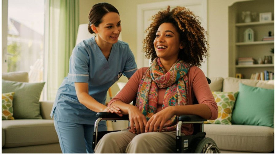 A smiling home healthcare nurse stands behind a laughing woman with curly hair who is seated in a wheelchair, indoors.