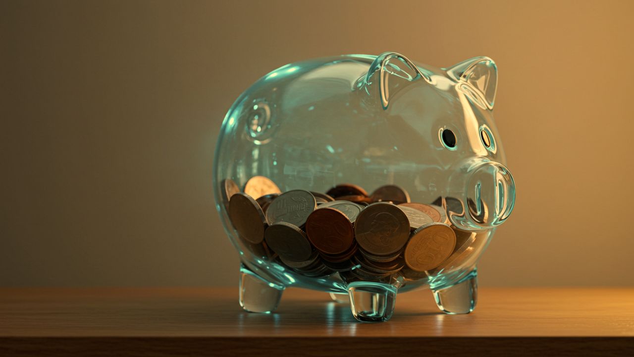 A transparent glass piggy bank is partially filled with various coins on a wooden surface.