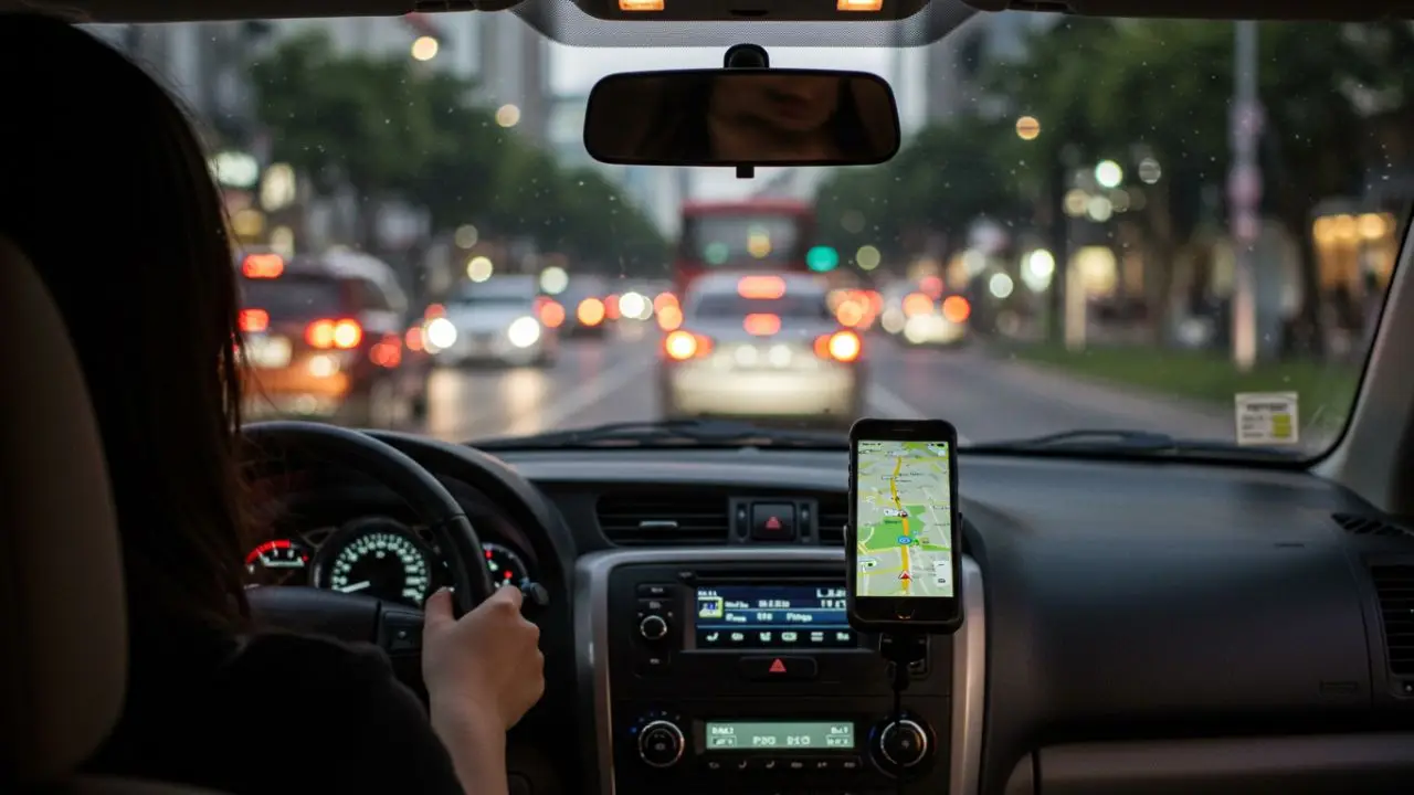 A driver's perspective from inside a car at dusk, with a smartphone displaying a map on the dashboard and city traffic lights ahead.