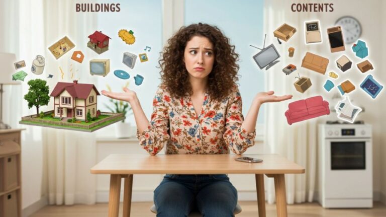 Confused woman weighing the differences between buildings insurance (house, roof, walls) and contents insurance (TV, furniture, personal items) with Outsurance.