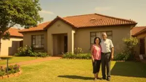 A smiling older couple standing in front of their suburban home with a green lawn and tiled roof.