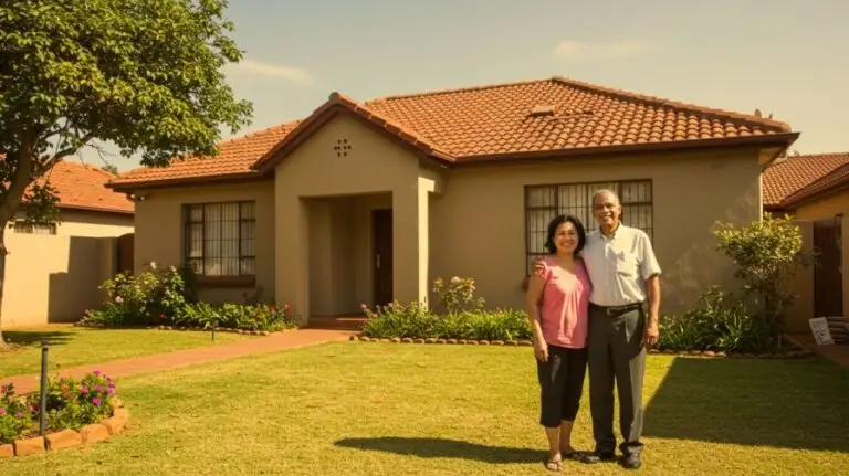 A smiling older couple standing in front of their suburban home with a green lawn and tiled roof.