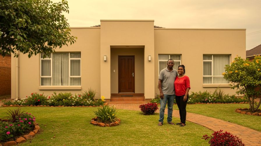 A smiling Black couple standing on the lawn in front of their modern, single-story home.