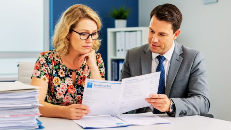 A concerned woman and a male financial advisor reviewing a "Medical Aid" document, discussing healthcare coverage options.