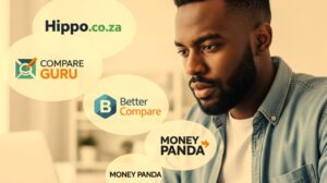 A young Black man thoughtfully looks at a laptop screen, surrounded by floating logos of South African insurance comparison websites like Hippo.co.za, Compare Guru, Better Compare, and Money Panda.