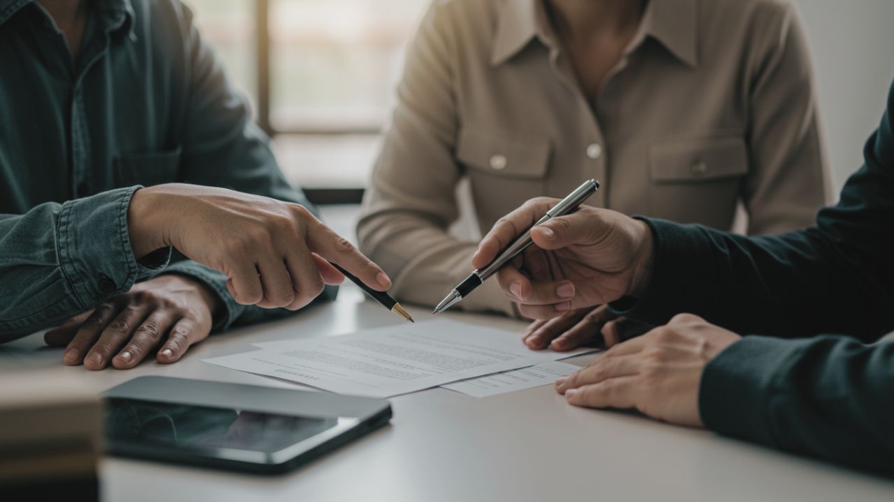 Three people at a table with a document and pens, one person pointing to a section of the document.