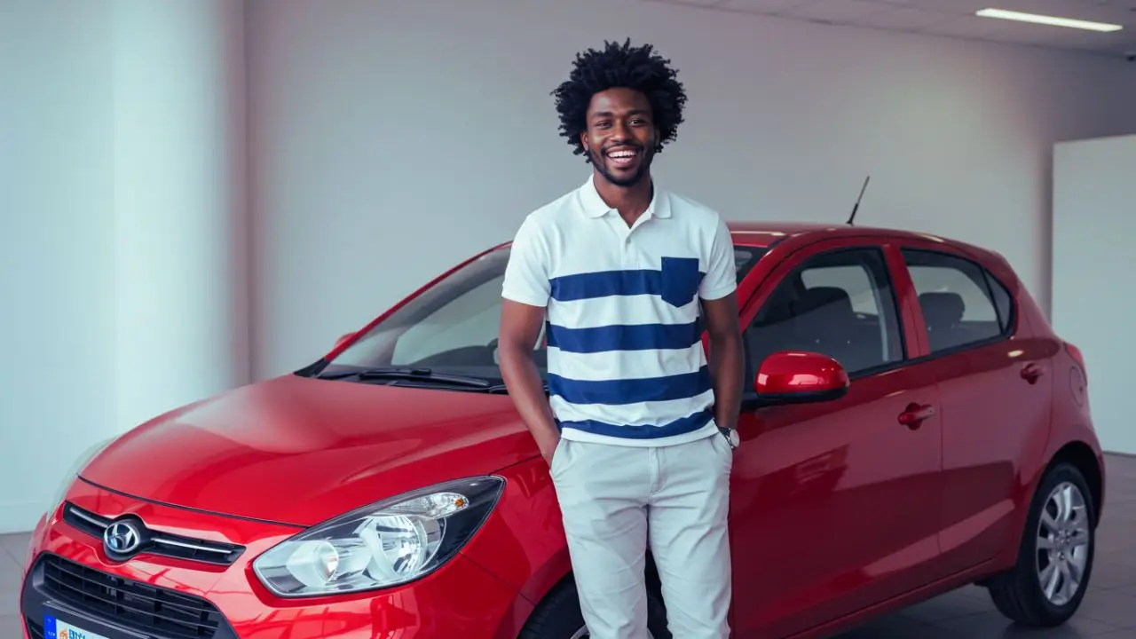 A smiling young Black man with an afro stands confidently in front of a shiny red compact car.