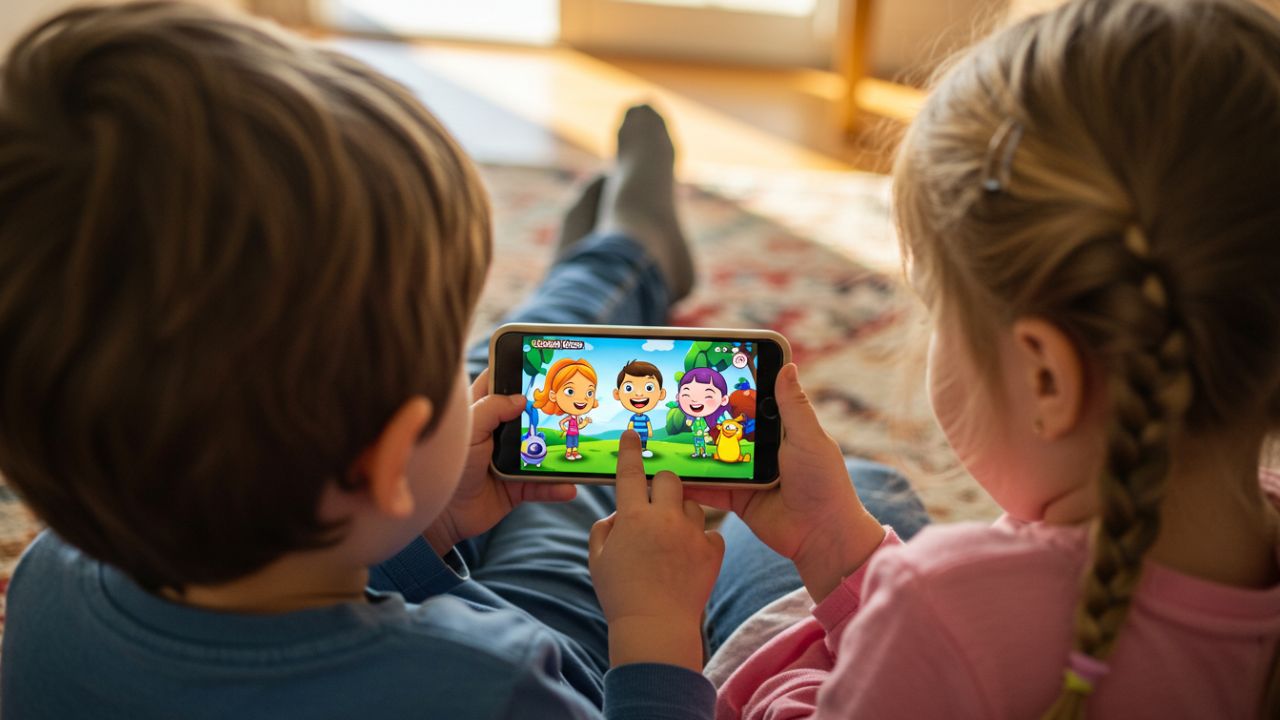 Two young children, seen from behind, are holding a smartphone and watching an animated video or playing a game together.