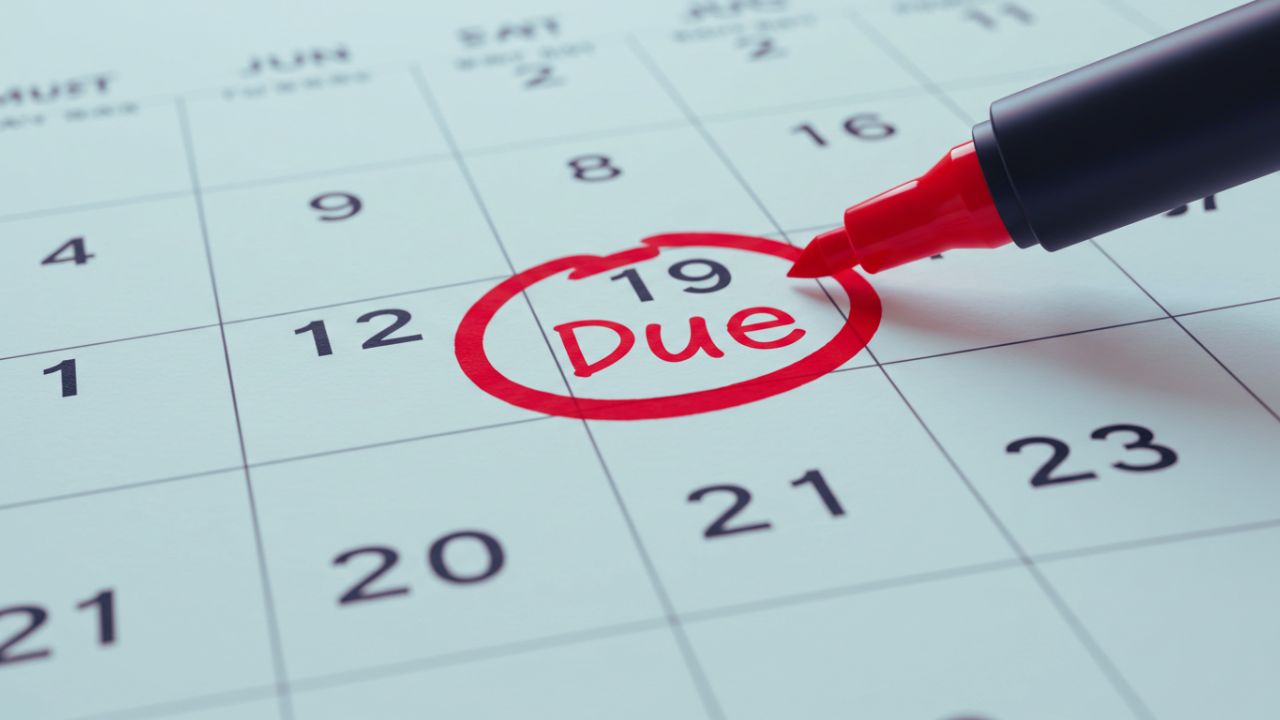 A red marker circles the number "19" on a calendar, with the word "Due" written underneath it
