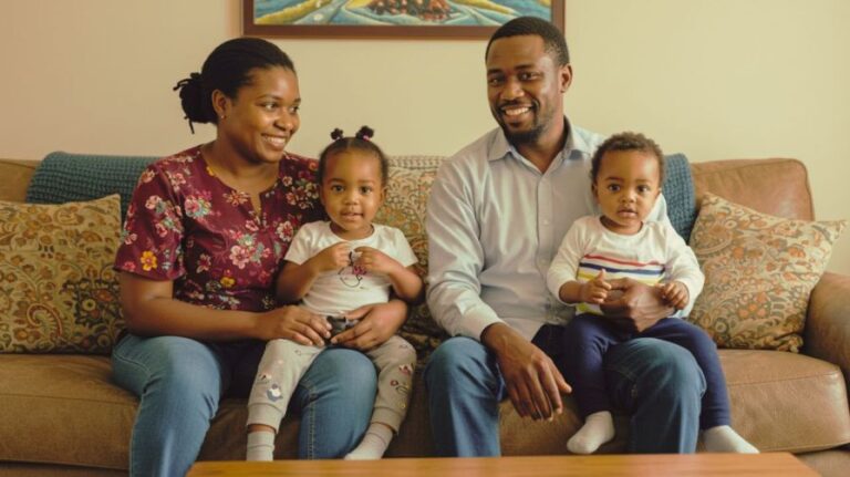 A happy Black family, including a mother, father, toddler girl, and infant boy, sitting together on a living room couch.